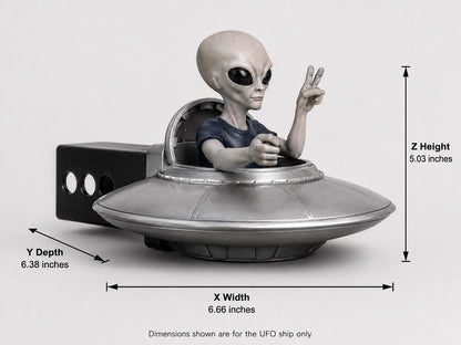 Grey Alien Trailer Hitch Cover, Hand-Finished UFO with American Flag