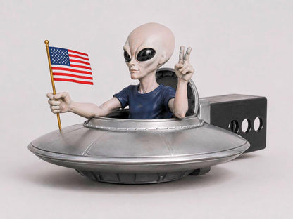 Grey Alien Trailer Hitch Cover, Hand-Finished UFO with American Flag