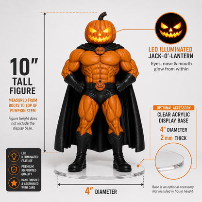 Jack-O'-Lantern 10-Inch Hand painted Figurine, 3D Printed Halloween Pumpkin Superhero with LED Option
