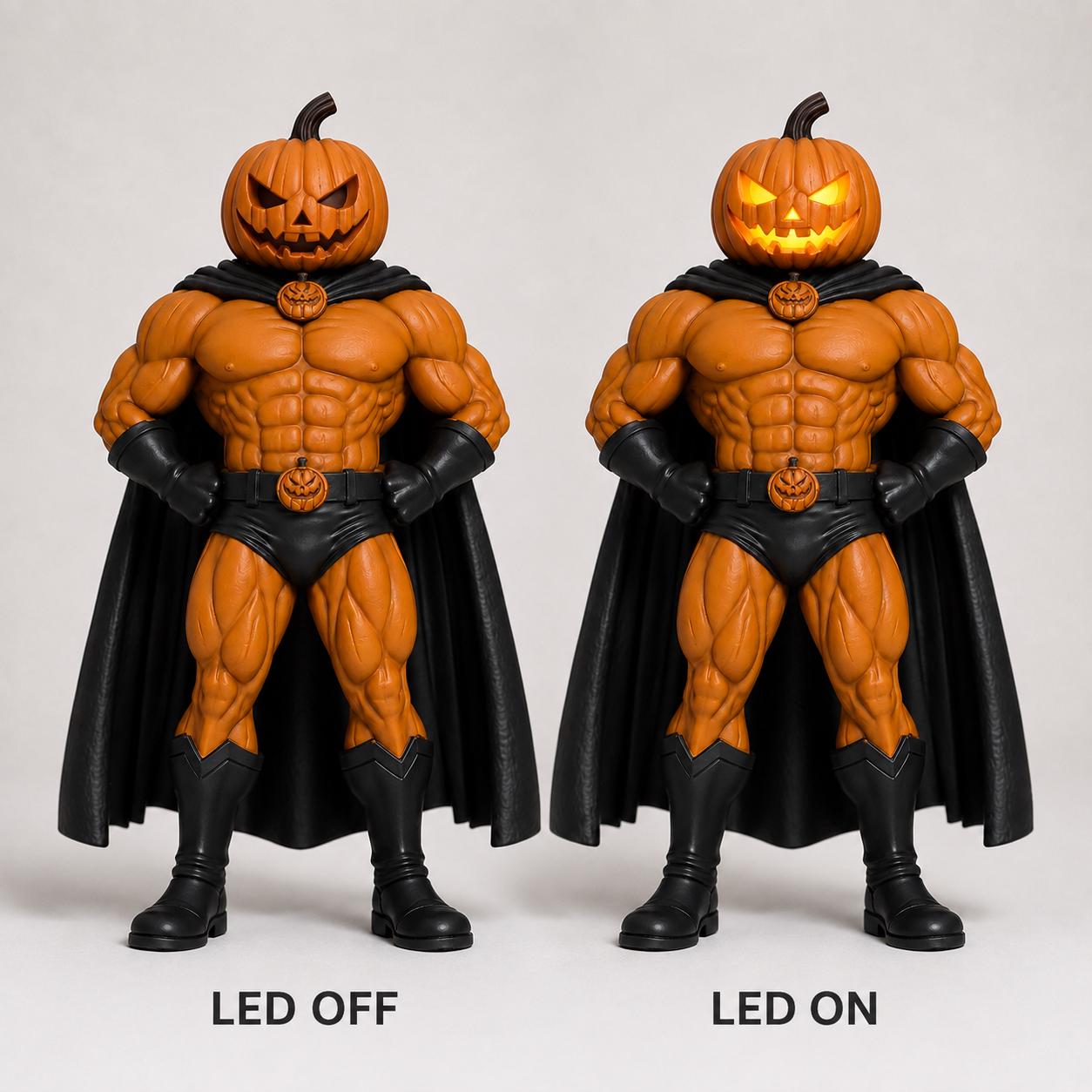 Jack-O'-Lantern 10-Inch Hand painted Figurine, 3D Printed Halloween Pumpkin Superhero with LED Option