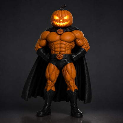 Jack-O'-Lantern 10-Inch Hand painted Figurine, 3D Printed Halloween Pumpkin Superhero with LED Option