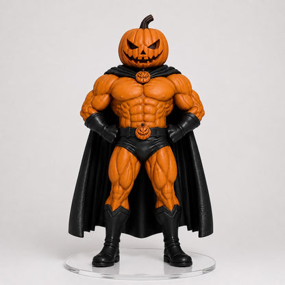 Jack-O'-Lantern 10-Inch Hand painted Figurine, 3D Printed Halloween Pumpkin Superhero with LED Option