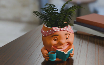 Cute Potted Plant Pot with Coffee Cup and Book | Potted Plant Cute | Book Lover Gift | Hand-Painted Planter | Office or Book Nook Decor