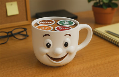 Smiling Mug Coffee Pod Holder – 4‑Slot Personal Desk Organizer, Single‑Serve Pod Compatible, 3D‑Printed