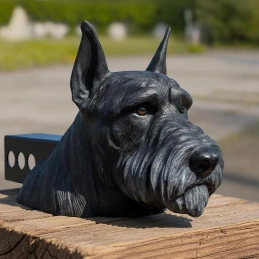 Black Giant Schnauzer Aluminum Tube Hitch Cover – Cropped Ear Dog Head Design