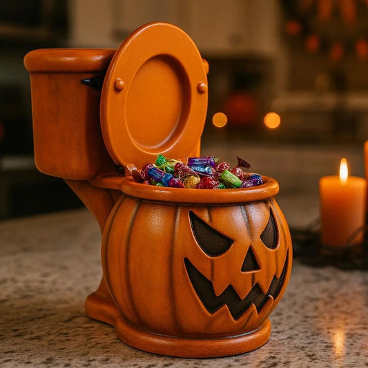 Halloween Toilet Bowl Pumpkin Candy Dish – Airbrushed Jack-O’-Lantern Candy Holder – Spooky Fall Decor