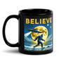 a black coffee mug with a bigfoot on it