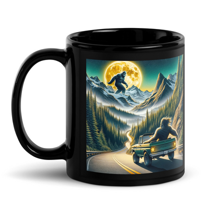 a black coffee mug with a picture of a man riding a car